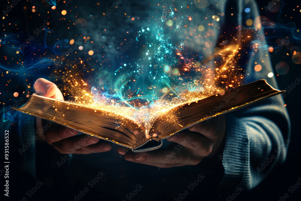 Obraz premium An open book surrounded by magical sparks, glowing in a mysterious atmosphere. Perfect for fantasy themes, literature, or storytelling visuals.