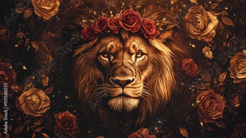 A majestic lion adorned with roses, symbolizing strength and beauty against a rich, dark background.