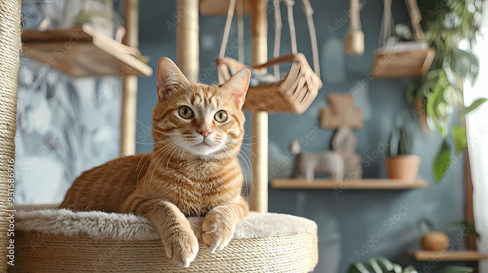 A relaxed orange tabby cat lounging on a cozy perch in a stylish room filled with plants and decorative items. A relaxed orange tabby cat lounging on a cozy perch in a stylish room filled with plants and decorative items.