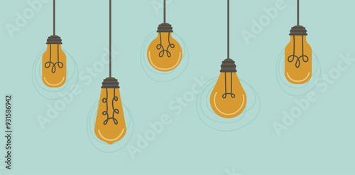 Background with abstract light bulbs hanging in flat style. Idea brainstorm concept. Simple lamp collection