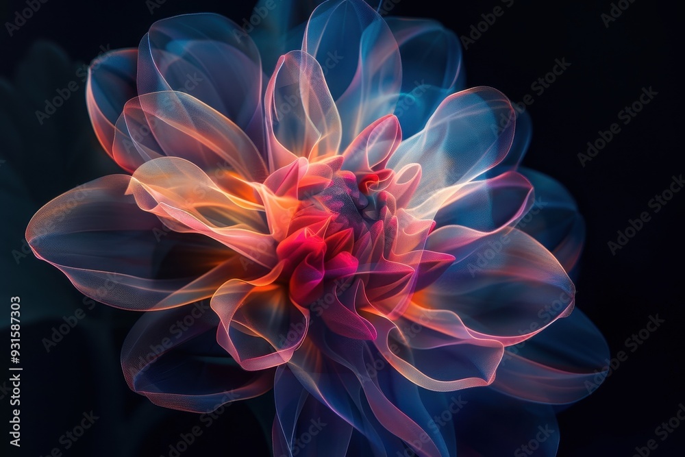Obraz premium An abstract holographic flower with petals made of light, glowing softly in a dark background