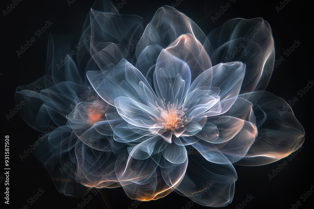 An abstract holographic flower with petals made of light, glowing softly in a dark background An abstract holographic flower with petals made of light, glowing softly in a dark background