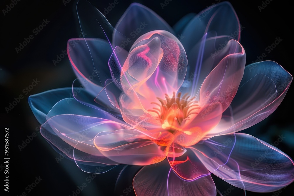 An abstract holographic flower with petals made of light, glowing softly in a dark background An abstract holographic flower with petals made of light, glowing softly in a dark background