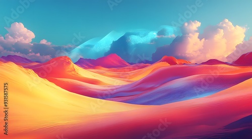 Colorful Abstract Landscape with Rolling Hills and a Blue Cloud