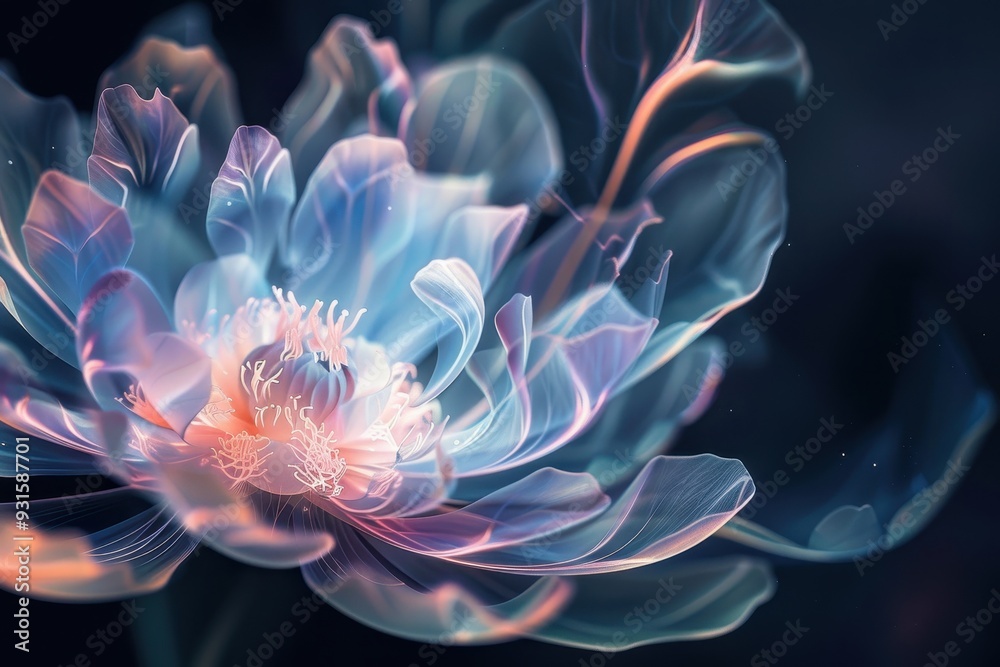 An abstract holographic flower with petals made of light, glowing softly in a dark background An abstract holographic flower with petals made of light, glowing softly in a dark background