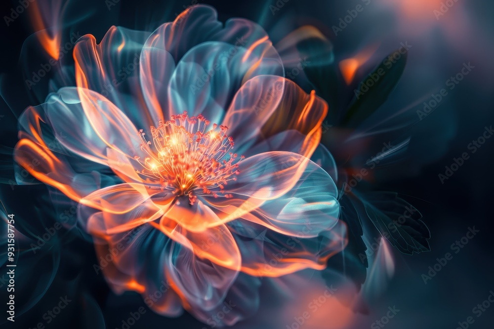An abstract holographic flower with petals made of light, glowing softly in a dark background An abstract holographic flower with petals made of light, glowing softly in a dark background