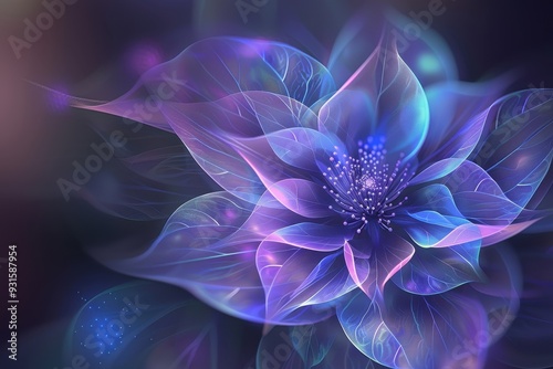 An abstract holographic flower with petals made of light, glowing softly in a dark background