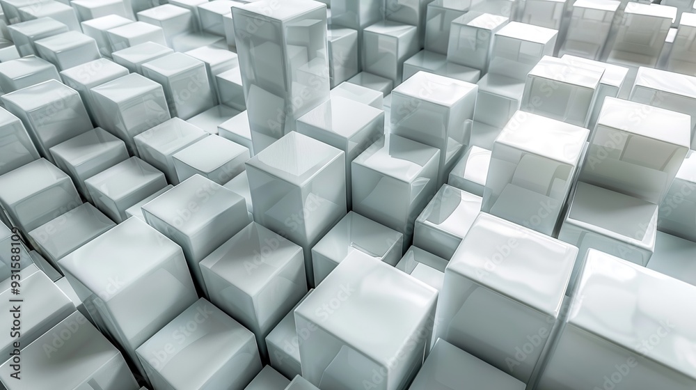 A 3D abstract arrangement of glossy cubes creating a modern, digital landscape.