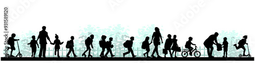 Back to school. Children going to school, pupils and parents silhouettes on white background. Vector illustration.