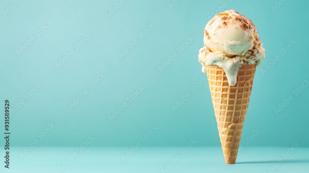 A melting ice cream cone with a light blue background. A melting ice cream cone with a light blue background.