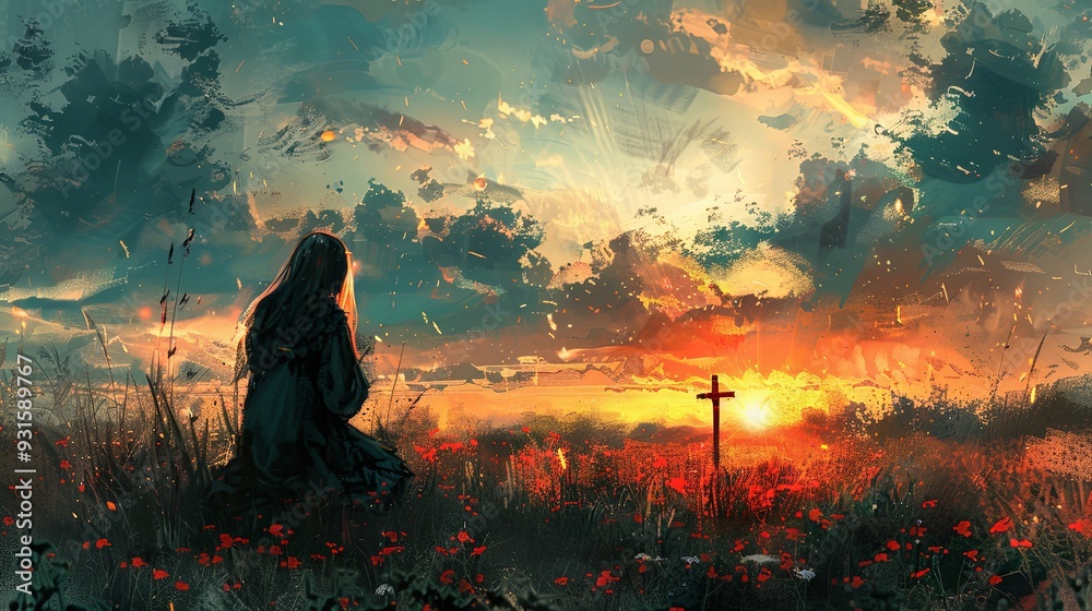 A person sits quietly by a small cross in a breathtaking sunset landscape, surrounded by open fields and vivid natural elements, evoking a deep sense of peace and reflection. A person sits quietly by a small cross in a breathtaking sunset landscape, surrounded by open fields and vivid natural elements, evoking a deep sense of peace and reflection.