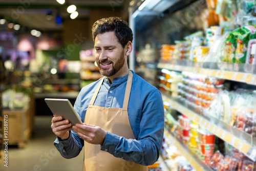 Grocery store employee wearing apron stands in supermarket aisle using tablet. Man checks inventory and manages tasks on device. Shelves filled with packaged goods in background