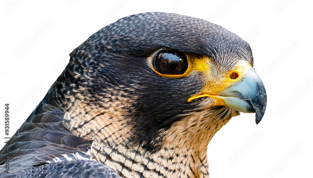 Fototapeta premium Close-Up of a Peregrine Falcon's Intense Gaze on white background