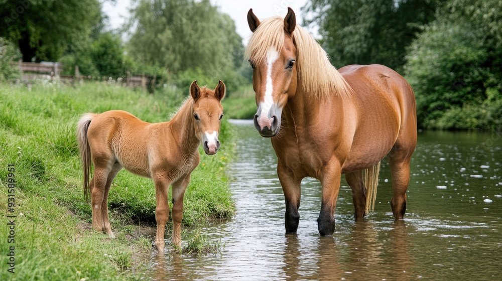 Obraz premium A mother horse stands protectively beside her foal in shallow water, surrounded by a vibrant green meadow on a bright summer day