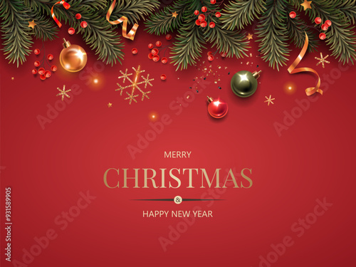 Horizontal banner with gold and green Christmas symbols and text. Christmas tree, balls, golden tinsel confetti and snowflakes on a red background.
