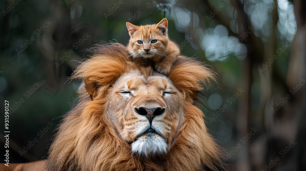Fototapeta premium an orange cat was sitting on a lion's head