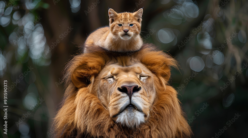 Fototapeta premium an orange cat was sitting on a lion's head