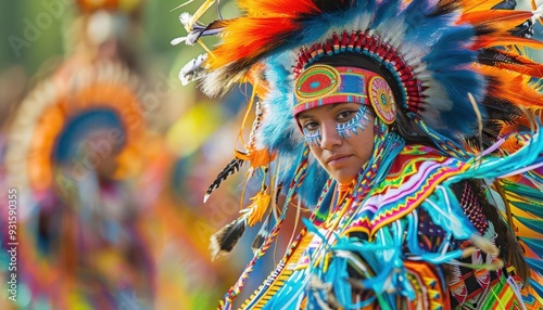 Powwow dancers, traditional regalia, dynamic movement, vibrant colors, high detail