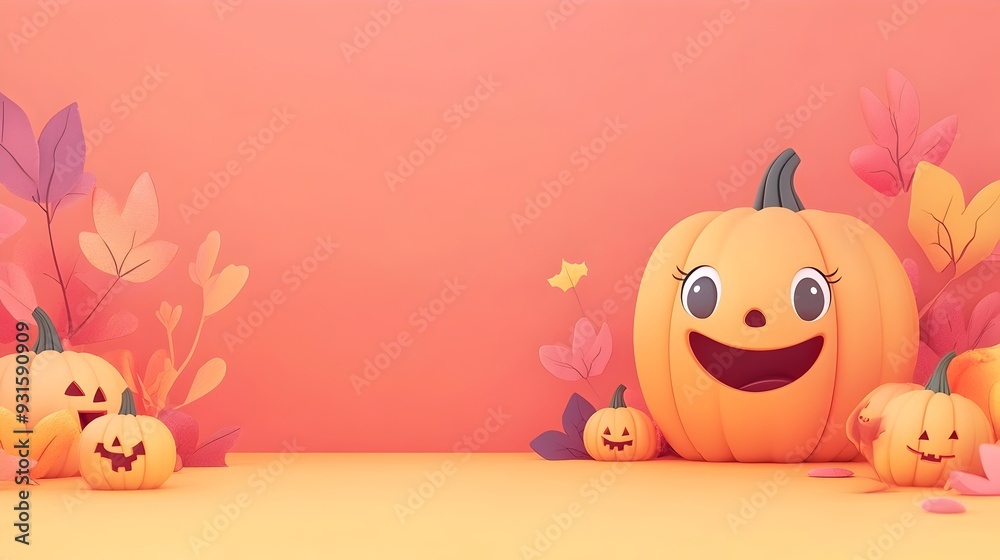 Cheerful Pumpkin in Vibrant Fall Backdrop with Cartoon Style Leaves and Festive Atmosphere Cheerful Pumpkin in Vibrant Fall Backdrop with Cartoon Style Leaves and Festive Atmosphere