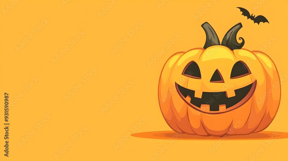 Cute Cartoon Pumpkin with Bats on Orange Halloween Background Cute Cartoon Pumpkin with Bats on Orange Halloween Background