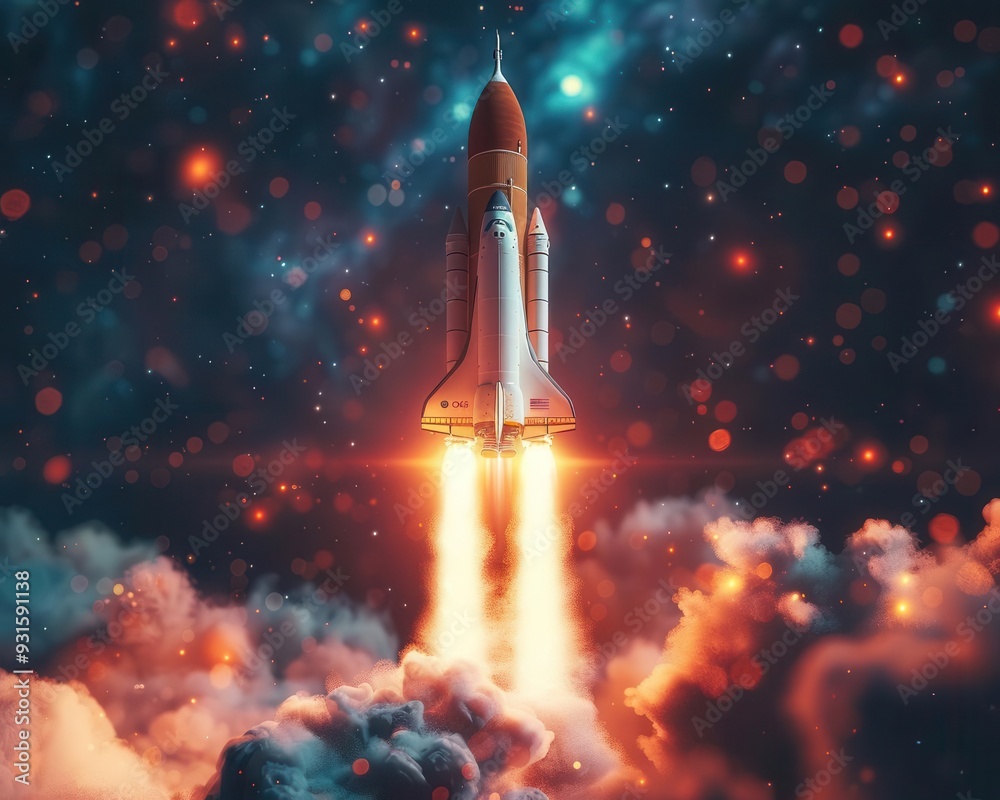 Fototapeta premium Rocket launch into space, vibrant scene, high detail, dynamic