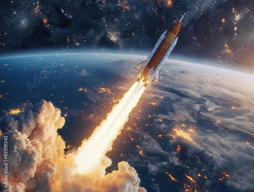 Rocket launch into space, vibrant scene, high detail, dynamic