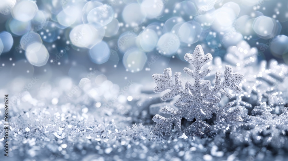 Festive snowflakes resting on fresh snow with a soft blue bokeh background. Perfect for holiday and winter-themed designs. Festive snowflakes resting on fresh snow with a soft blue bokeh background. Perfect for holiday and winter-themed designs.