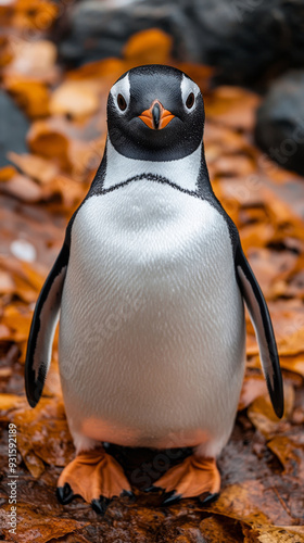 A close-up of a penguin standing on autumn leaves, showcasing its black and white feathers with vibrant orange feet. Ideal for wildlife and seasonal nature-themed designs. photo