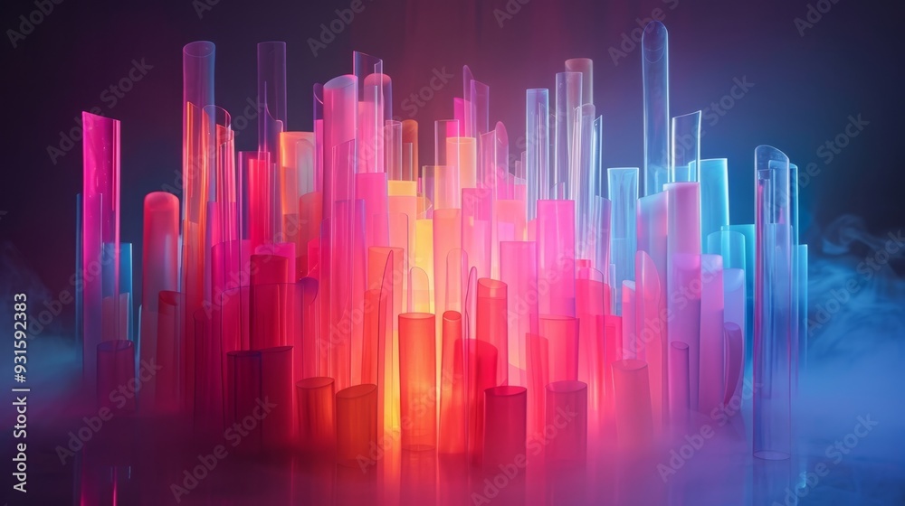 Glowing cylindrical objects in a foggy atmosphere, creating a futuristic and surreal visual. Perfect for sci-fi, tech, and artistic themes Glowing cylindrical objects in a foggy atmosphere, creating a futuristic and surreal visual. Perfect for sci-fi, tech, and artistic themes