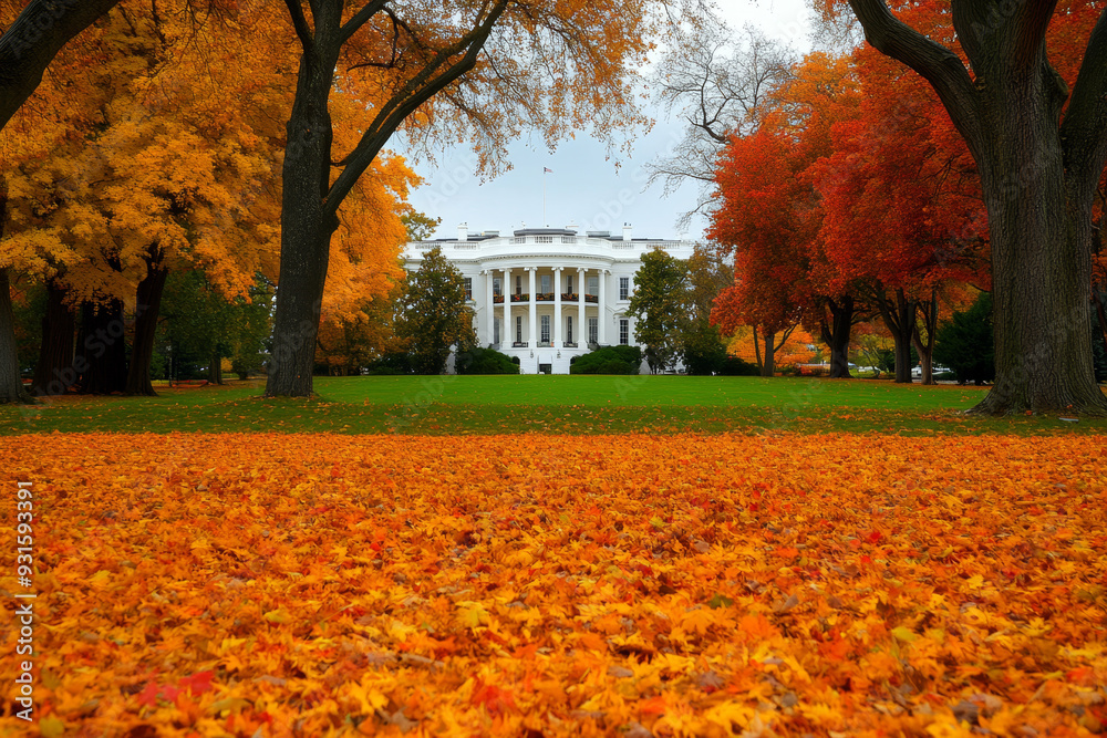 Obraz premium Autumn view of the White House framed by golden leaves and large tree trunks Perfect for seasonal visuals travel photos or history themes