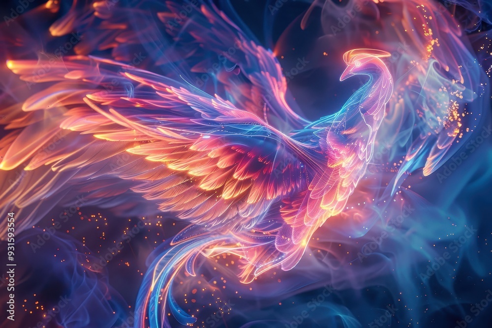 An abstract holographic phoenix rising, with feathers made of light. An abstract holographic phoenix rising, with feathers made of light.