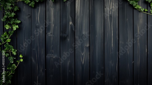 Black Wooden Wall With Green Ivy - Nature Background