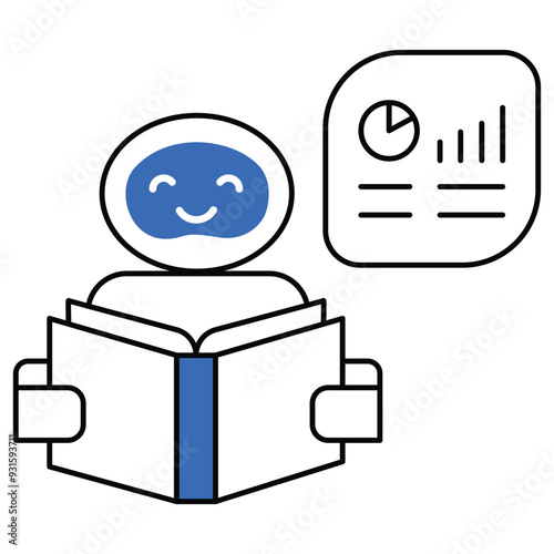 AI-powered learning robot with book and data chart, representing educational AI, smart learning, and knowledge analytics.