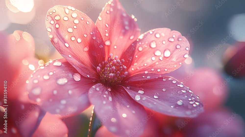 Macro shot of a blooming flower with dew drops, showcasing natural beauty and detail Macro shot of a blooming flower with dew drops, showcasing natural beauty and detail