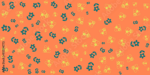 Cute seamless pattern with yellow bees and green flowers on a  orange background.