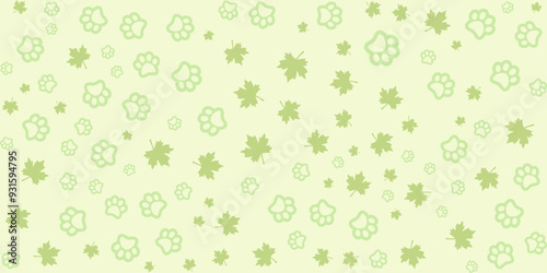 Cute seamless pattern with green paw prints and leaves on a light green background. Perfect for pet, nature, and spring-themed designs.