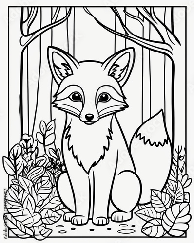 Cute fox sits surrounded by trees and foliage in calm forest. Colouring book page outline, line art drawing