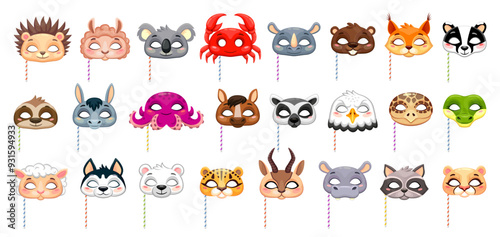 Cartoon carnival party animal masks on sticks. Vector photo booth props. Lion, koala, crab and hedgehog, sheep, rhinoceros, beaver or raccoon. Rabbit, octopus, horse and lemur, eagle, tortoise, sloth