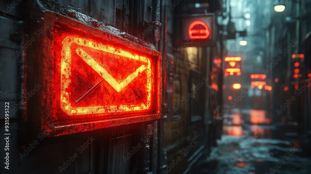 A vibrant neon envelope sign illuminating a rainy alley, creating a moody atmosphere in an urban setting. A vibrant neon envelope sign illuminating a rainy alley, creating a moody atmosphere in an urban setting.