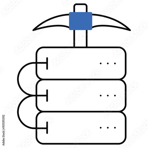 An icon representing blockchain and data mining technology with a pickaxe, ideal for illustrating cryptocurrency, digital assets, and data mining processes.