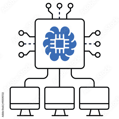 An icon depicting AI-driven computing with interconnected monitors, representing distributed computing, AI integration, and networked systems.