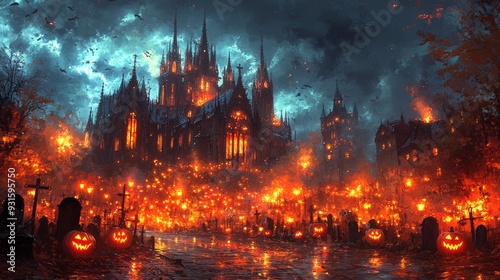 Gothic cathedral with jack-o'-lanterns and lightning