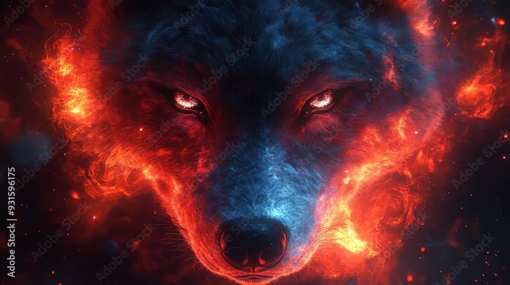 A vibrant wolf illuminated by a mystical fire, showcasing fierce eyes and ethereal colors that evoke power and mystery. A vibrant wolf illuminated by a mystical fire, showcasing fierce eyes and ethereal colors that evoke power and mystery.