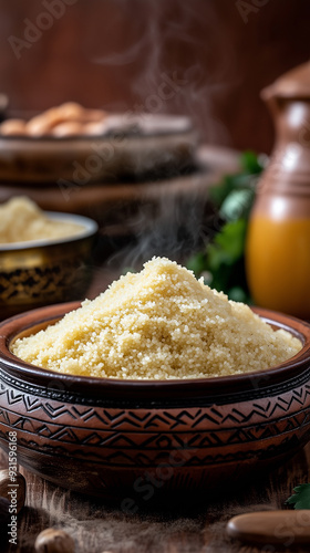 Couscous in ornamental clay pot in  moroccon kitchen photo