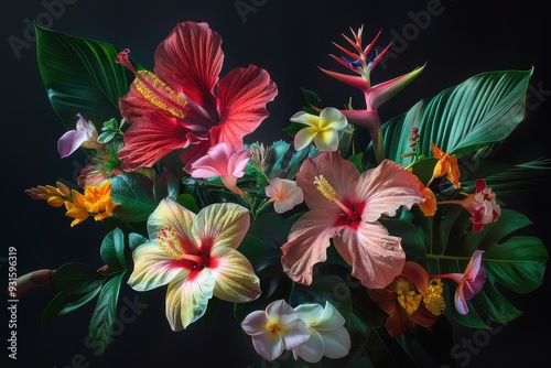 An arrangement of tropical flowers, including hibiscus, orchids, and bird of paradise, set against a dark background