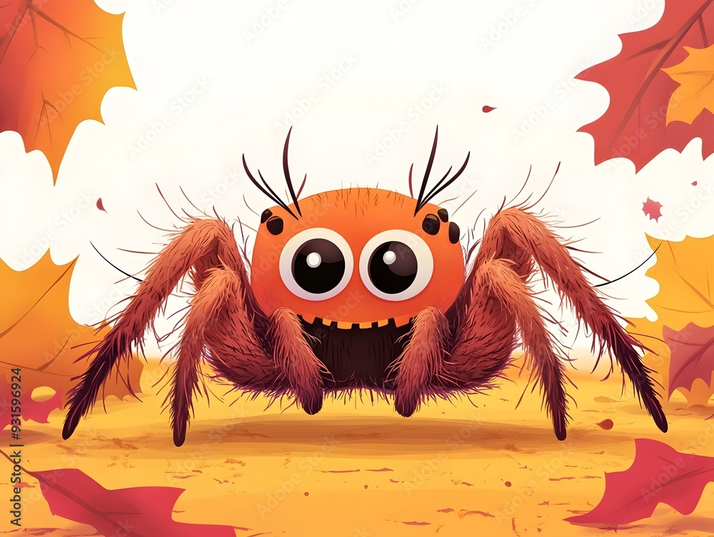 Fototapeta premium Curious Cartoon Spider Embarking on a Whimsical Autumn Adventure