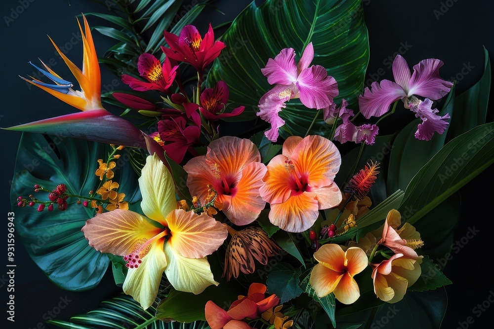 Obraz premium An arrangement of tropical flowers, including hibiscus, orchids, and bird of paradise, set against a dark background