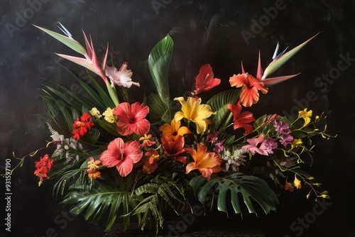 An arrangement of tropical flowers, including hibiscus, orchids, and bird of paradise, set against a dark background