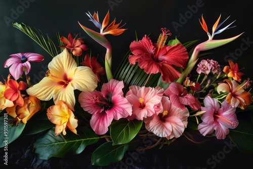 An arrangement of tropical flowers, including hibiscus, orchids, and bird of paradise, set against a dark background