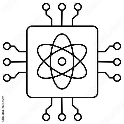 An icon illustrating quantum computing with an atom symbol and circuit board, highlighting quantum algorithms, cryptography, AI acceleration, and advanced scientific research.